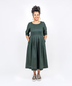 Pleated Linen Dress - Green