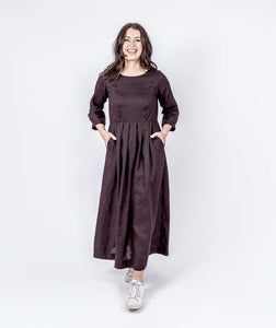 Long Pleated Linen Dress - Mahogany